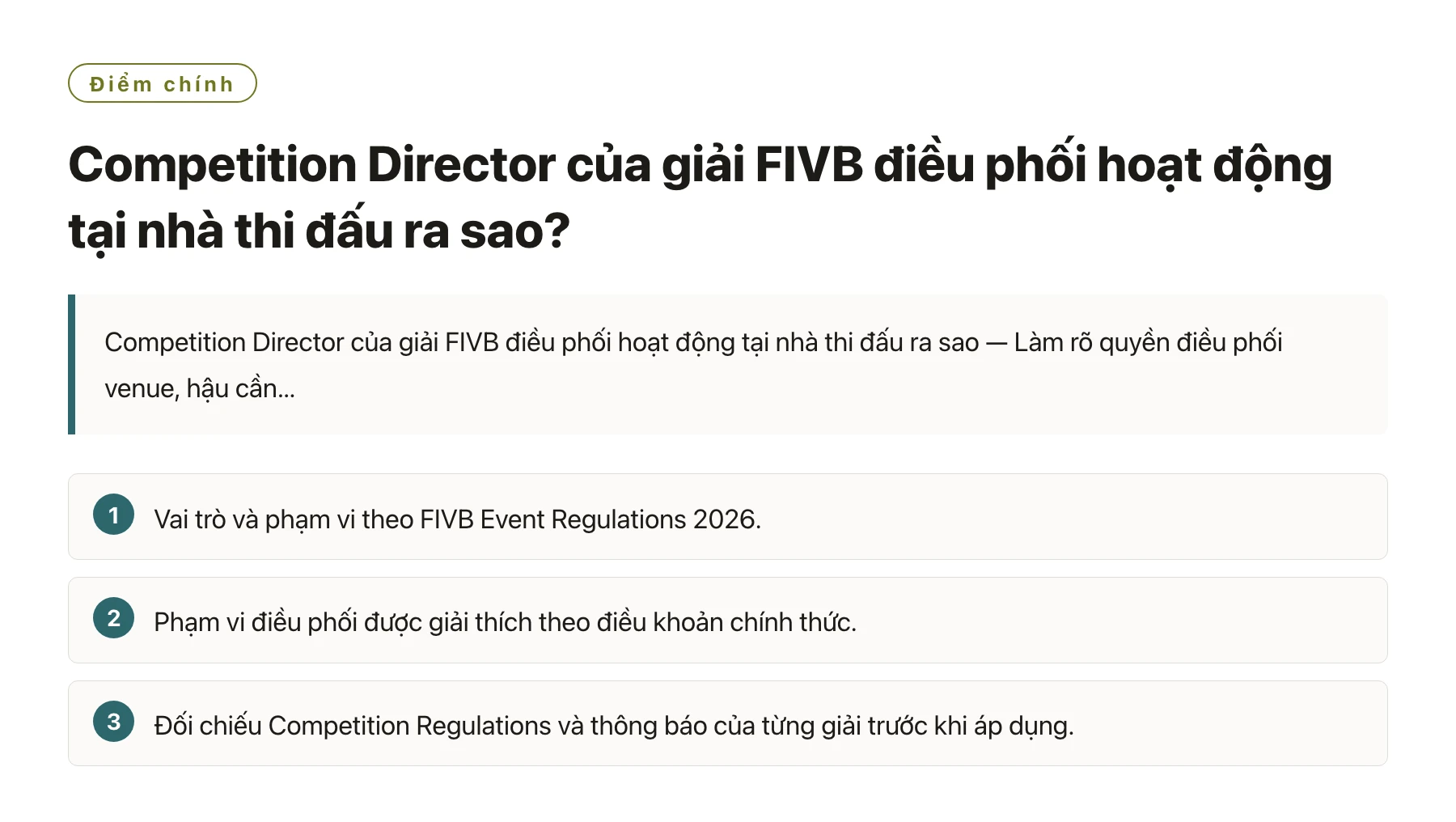 Competition Director của giải FIVB điều phối hoạt động tại nhà thi đấu ra sao?——全文要点速览