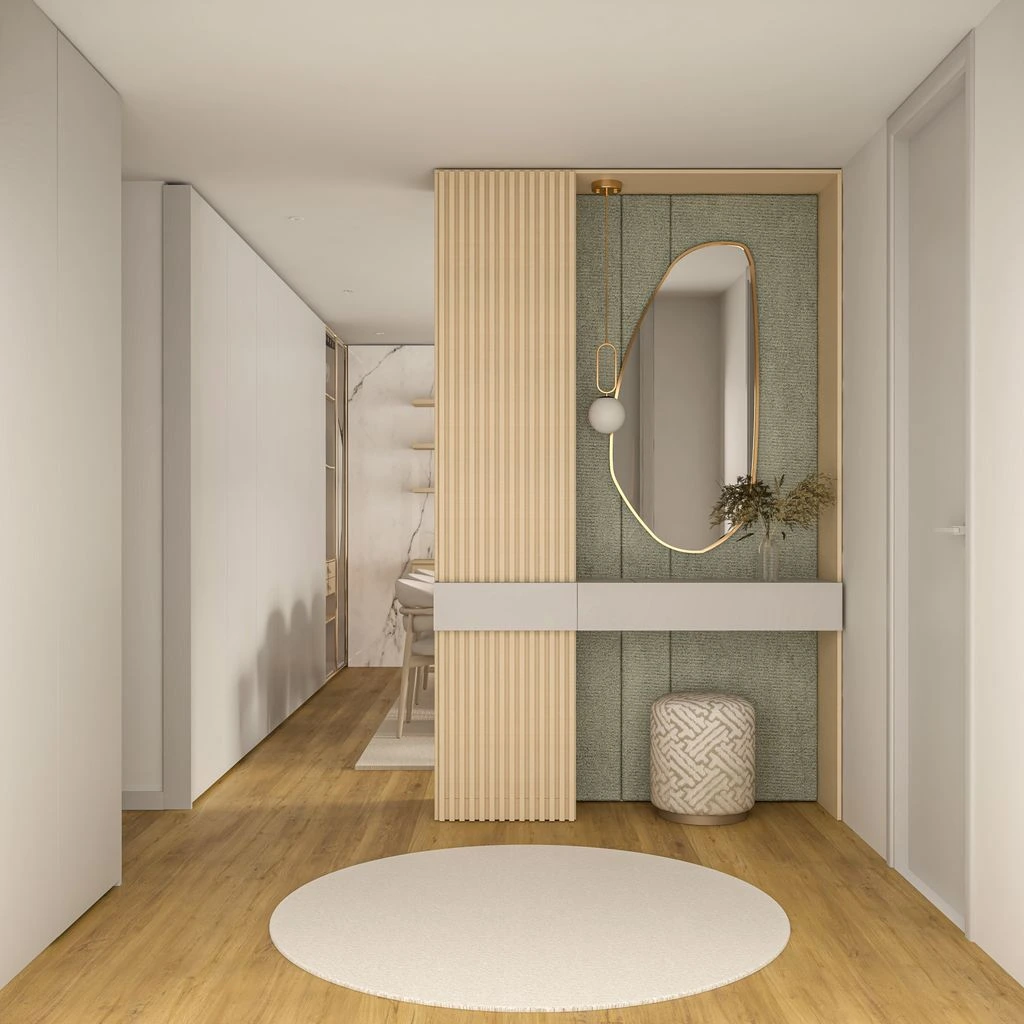 A small entryway with a vintage runner and bentwood bench.