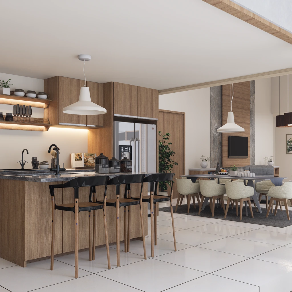 A minimalist kitchen with oak open shelving, cream stone counters, and handmade stoneware.